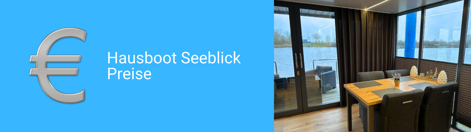 Preise Hausboot Seeblick in der Marina Wieltsee in Weyhe bei Bremen mit einem Foto des Wohnzimmers Essbereich mit Aussicht auf die Veranda sowie einem silbernen Euro Zeichen